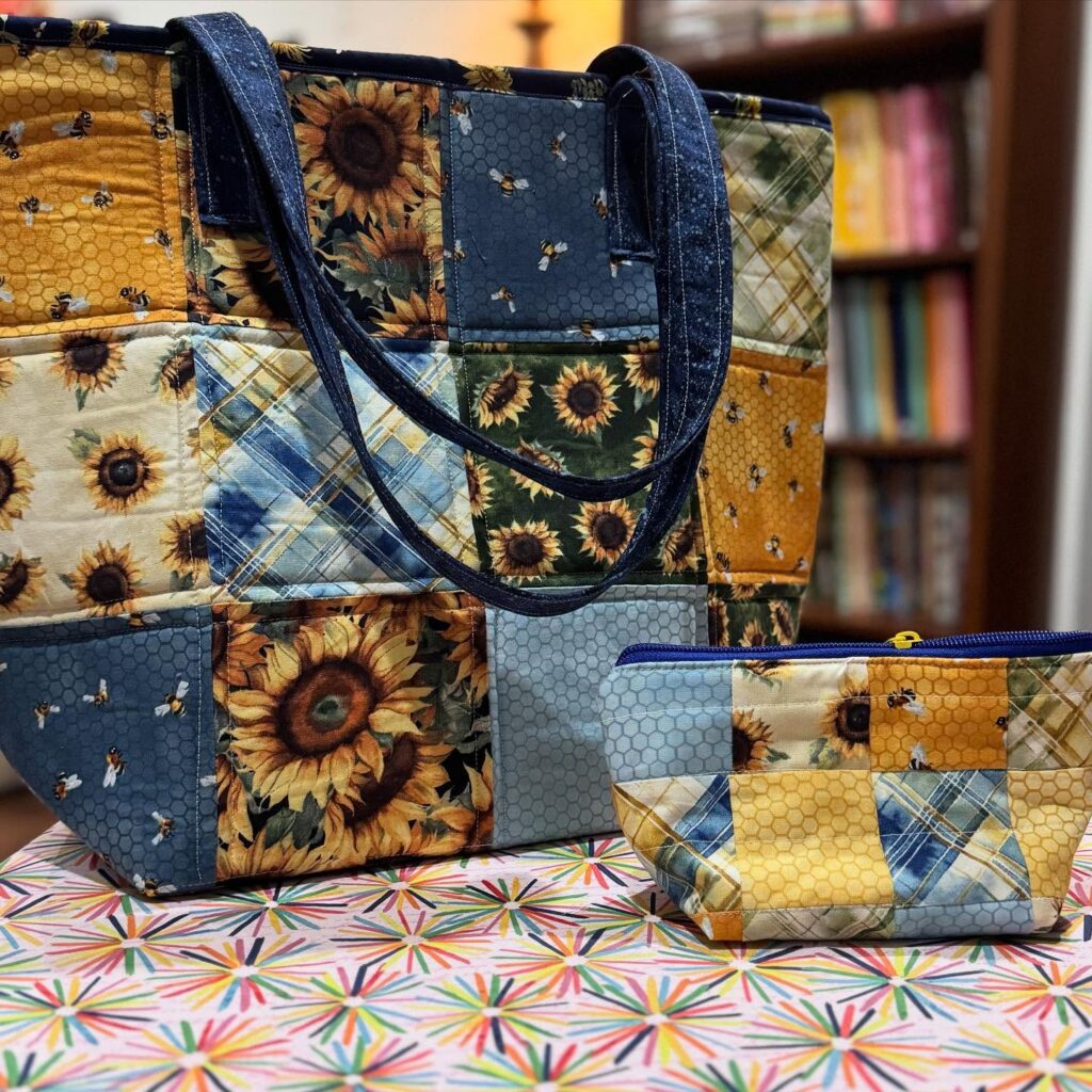 Blue sunflower themed patchwork tote bag with handles