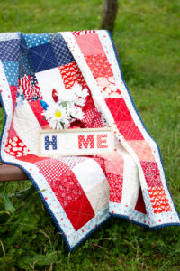 Patriotic American Flag Picnic quilt, red white and blue, scrappy patchwork