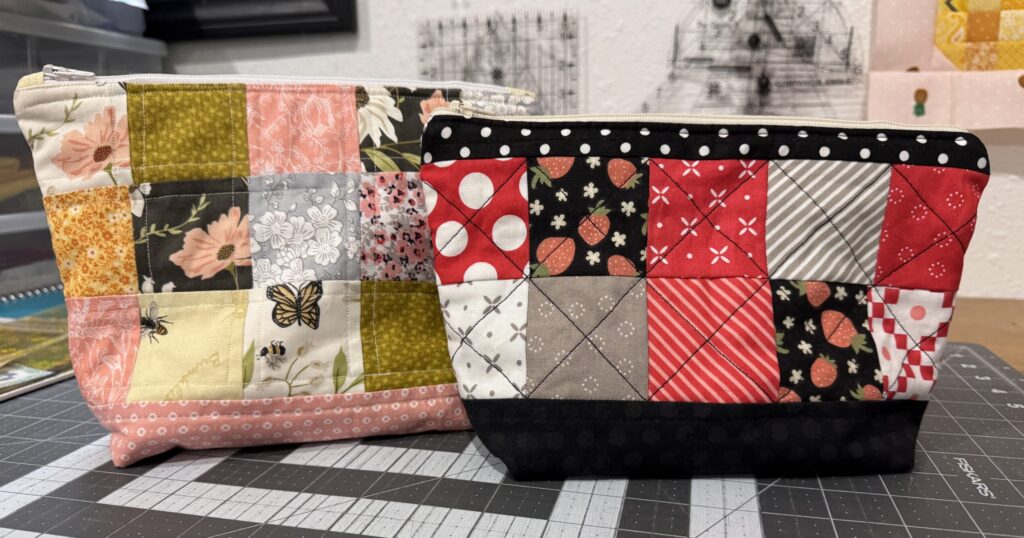 2 differently sized Zipper pouches made using patchwork quilting